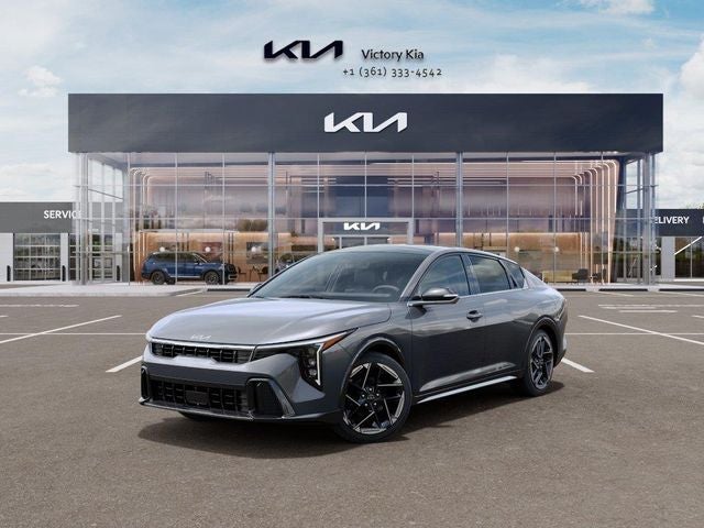 2026 Kia K4 GT-Line in Steel Gray — front three-quarter view