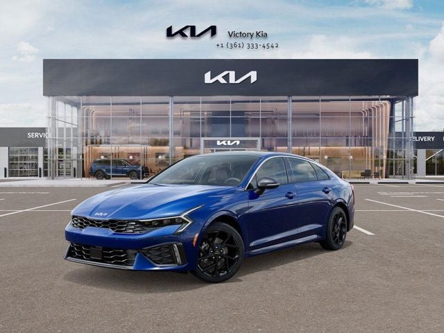 2026 Kia K5 GT-Line in Blue — front three-quarter view